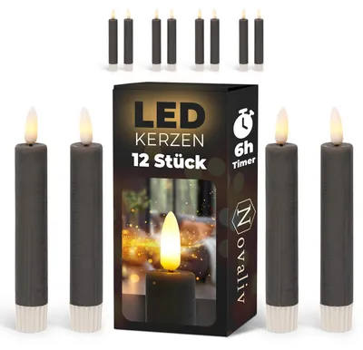 Imagen del producto de Velas LED con temporizador, color gris, 12 unidades, para uso interior. Altura: 15 cm. Diámetro: 2,2 cm. Requieren 2 pilas AAA. Juego de 4 velas LED, color gris (tres unidades), con llama móvil y luz