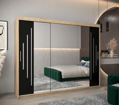 Produktbild von Kleiderschrank mit Spiegel PATRICIE – Breite 250 cm, Eiche sonoma / schwarz
