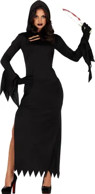 A woman wearing a black hooded robe and holding a bloody knife, posing against a white background.