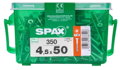 Produktbild von Packung mit 350 Spax Flachkopf-Stahlschrauben, 4,5 mm Durchmesser x 50 mm Länge