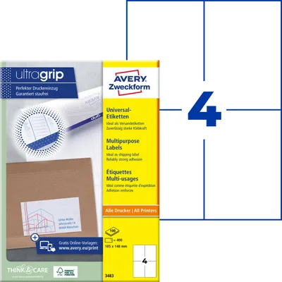 Produktbild von Avery Zweckform 3483, Universal-Etiketten, A4, Qualitätsdruck mit: ultragrip, 105 x 148 mm, 400 Etiketten / 100 Bögen, weiß