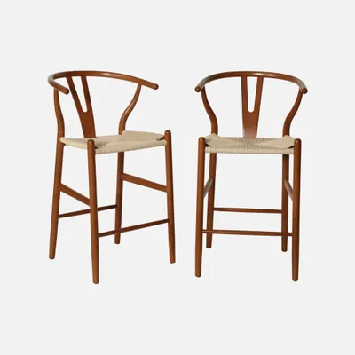 Immagine prodotto di Set 2 sgabelli da bar vintage in legno di faggio e corde, Noce