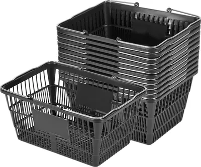 Produktbild von Einkaufskörbe, 12 Stück, 21 l stapelbare PE-Kunststoff-Einkaufskörbe mit Griffen, dichte Netzstruktur, Tragkraft bis zu 9,07 kg, tragbar für Lebensmittelgeschäfte, Einzelhandel, Geschäfte, Supermärkte, Heimgebrauch, schwarz