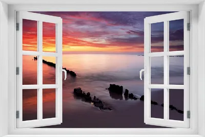 Produktbild von Wallario selbstklebendes Poster mit Fenster-Illusion - Sandstrand im Sonnenuntergang - Roter Himmel, Größe: 100 x 150 cm