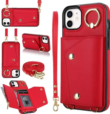 Produktbild von Für iPhone 12 / 12 Pro Zipper Card Bag Phone Case mit Dual Lanyard (Rot)