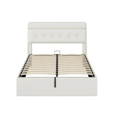 Immagine prodotto di okwish Letto imbottito con struttura a molle, 140 x 190 cm, con testiera, letto con sistema di sollevamento idraulico e ampio spazio contenitore (senza materasso) - Bianco