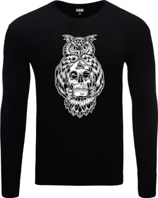 Produktbild von Herren Warm, Langarm-T-Shirt mit Druck Eule auf Totenkopf Schwarz Gr.S