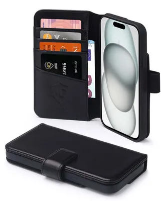 Produktbild von MobyDefend Hülle für iPhone 15 - Premium Leder Klapphülle mit Kartenfächern und Standfunktion - Schwarz