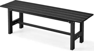 A black garden bench with a slatted seat and simple legs, shown from a slightly elevated side angle against a white background.