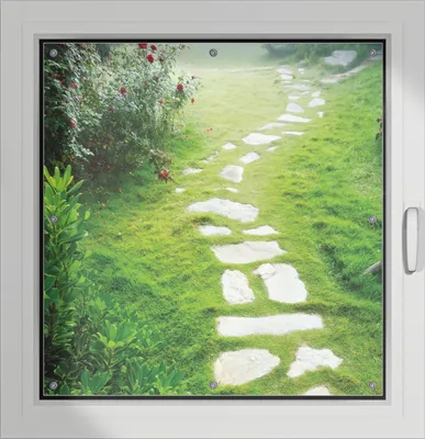 Produktbild von Wallario Lichtschutzbild, Dekorativer Sichtschutz Sonnenschutz 96 x 93 cm mit Motiv: Steinweg im Grünen - Verdunklung ohne Bohren