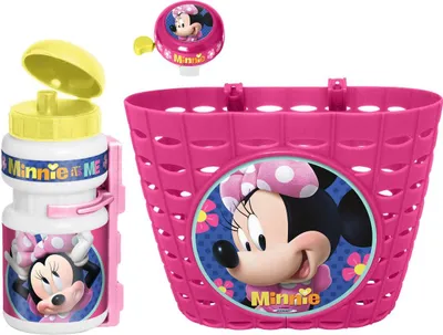 Produktbild von Disney Kinder Fahrradkorb Körbchen Lenkerkorb Fahrrad Korb + Trinkflasche + Fahrradklingel Klingel Glocke MINNIE MOUSE Set 3 teilig K862508