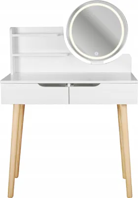 A white vanity table with two drawers and a round LED mirror.