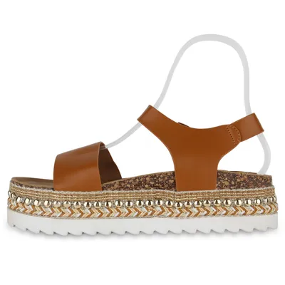 Produktbild von VAN HILL Damen Plateau Sandaletten Nieten Ethno Look Schuhe 841032, Farbe: Hellbraun, Größe: 38