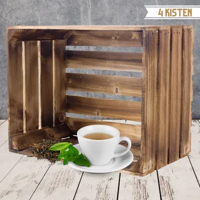 Produktbild von 4x GEFLAMMTE HOLZKISTEN mit Regalbrett / NEU / Obstkiste 50x40x30 cm / für Deko, Schuhe usw