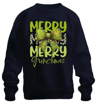 Zdjęcie produktu dla Merry Grinchmas zielona kokarda świąteczny prezent w panterkę bluza uni , granatowy, S