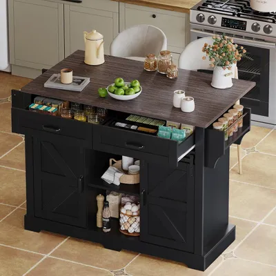 Image de Chariot de cuisine sur roulettes, avec plan de travail rabattable, 2 portes coulissantes et 2 tiroirs, armoire de cuisine de style rustique, noire, dimensions : 120 x 45 (70) x 91 cm
