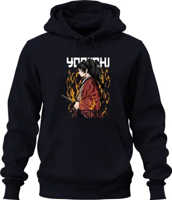 Immagine prodotto di Felpa con cappuccio unisex "Samurai Katana Anime Flammen Kriegerin Pferdeschwanz", blu navy, taglia S