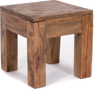 A rustic wooden side table.