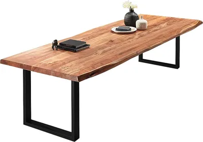Produktbild von Esszimmertisch 260x110 cm Valin, Akazienholz naturfarben & massiv, Baumkantentisch mit U -Gestell aus Metall Mattschwarz, echte Baumkante, Platte 50mm