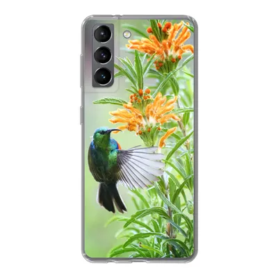 Produktbild von MuchoWow® Handyhülle Schutzhülle Hülle für Samsung Galaxy S21 Nahaufnahme eines bunten Vogels neben Pflanzen mit orangefarbenen Blüten Silikon Softcase Handy Hülle - Softcase
