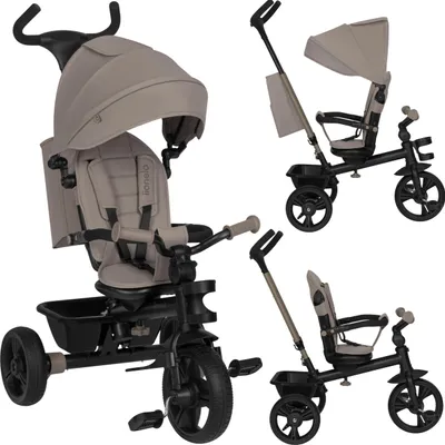 Produktbild von Haari Dreirad 2in1 für Kinder ab 18 Monaten, mit drehbarem Sitz, Schiebegriff, Freilauf, Verdeck, Fußstütze und Sicherheitsbügel - Beige Taupe
