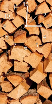 Produktbild von Wallario Design Wanduhr bedruckt, Größe 30 x 60 cm, Motiv: Holzstapel gehackt - Holzscheite für den Kamin