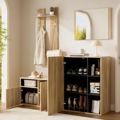 Produktbild von okwish 4-in-1 Flurgarderobe mit Schuhschrank und Schuhbank, Eingangsschrank mit Spiegel und Haken, praktische Garderoben-Kombination,Natur