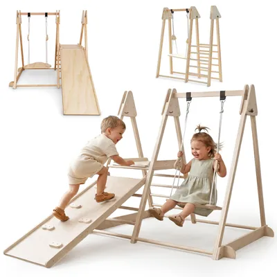 Produktbild von Mamabrum Indoor Spielplatz Holz mit Rutsche Schaukel Kletterwand