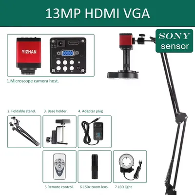 Obrázek produktu pro Elektronický digitální mikroskop pro pájení – HDMI, VGA, 13 MP, IMX323 – zvětšení až 500x – videomikroskop se stativem a dálkovým ovládáním