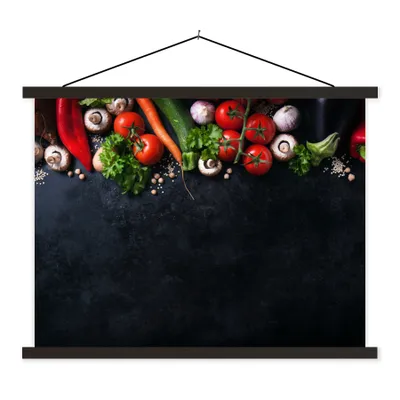 Produktbild von MuchoWow® Textilposter Gemüse - Kräuter - Gewürze - Schwarz - Rustikal - Küche 150x113 cm mit schwarzem Rahmen - Wohnzimmer