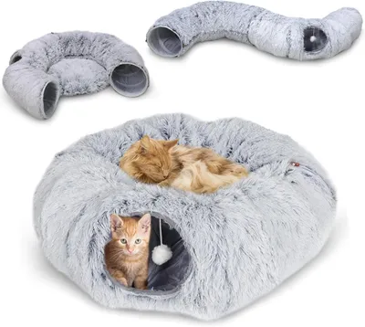 Produktbild von Katzentunnel, Katzentunnel fš¹r gro?e Katzen mit Schlafbereich, Plš¹sch-Donut-Katzenbett, Katzentunnel mit Fellball, interaktives Katzenspielzeug fš¹r drinnen, Grau (82 x 27 cm)