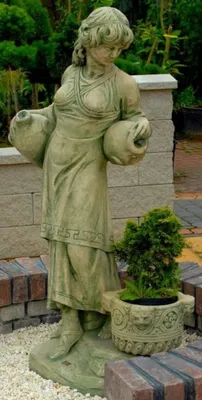 Produktbild von Casa Padrino Jugendstil Wasserspeier Skulptur Frau mit Krügen und dekorativem Blumentopf Grün / Beige 63 x 61 x H. 140 cm - Gartendeko Statue Steinfigur