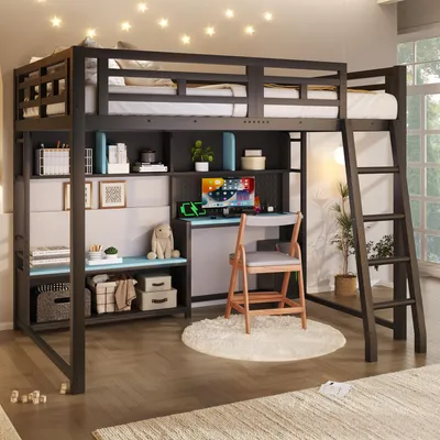 Immagine prodotto di Letto a castello 140x200 cm, con illuminazione a LED, dotato di scrivania, con spazio contenitivo, realizzato in MDF e metallo, colore nero