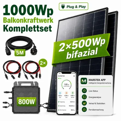 Produktbild von GreenSun Solar 900W Balkonkraftwerk Bifazial Module mit MARSTEK 800W Wechselrichter, PV Solaranlage, 5m Kabel