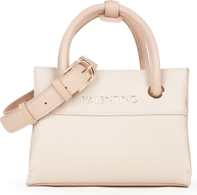 A light cream-colored Valentino handbag with gold hardware is shown against a white background.