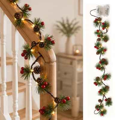 Lichterkette 2 m, 20 warmweiße LEDs, Tannenzweige, Zapfen, Beeren, Timer