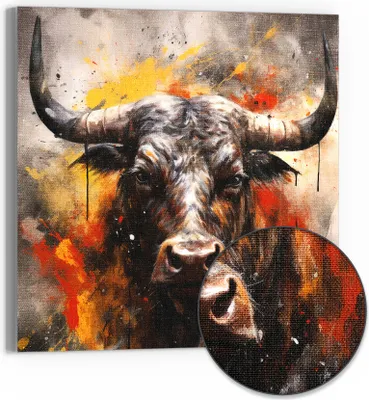Produktbild von DEQORI Hybrid Leinwand Bild 50x50 cm 'Stier im Farbensturm' Wandbild Glas flach modern