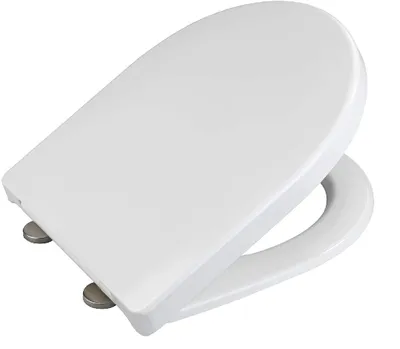 A white toilet seat is shown from a slightly elevated diagonal angle against a white background.