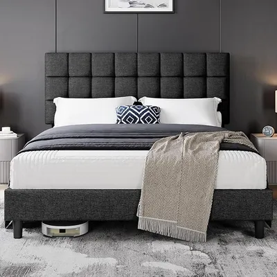 Image de Lit matelassé 160 x 200 cm, lit double avec repose-tête réglable en hauteur, structure de lit robuste, revêtement en tissu avec sommier à lattes, cadre de lit rembourré, lit pour adolescents, couleur gris foncé