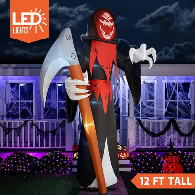 Immagine prodotto di Decorazione gonfiabile per Halloween, altezza 3,6 metri: Mietitore con luci LED, realizzata in PVC, ideale per decorazioni da esterno