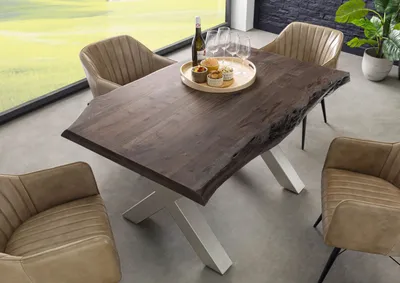 Produktbild von MASSIVMOEBEL24 Baumtisch Akazie 160x90x77 grau lackiert / X-Beine silber matt FREEFORM 5