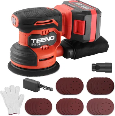 Produktbild von TEENO Exzenterschleifer, kabellos, 20 V, Exzenterschleifer, 125 mm, 6000 – 12000 U/min, Komplettset mit 25 Glaspapieren, Akku 4,0 Ah und Absaugsystem
