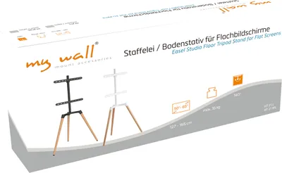 The image shows the packaging of a TV stand, with illustrations of the product on it.