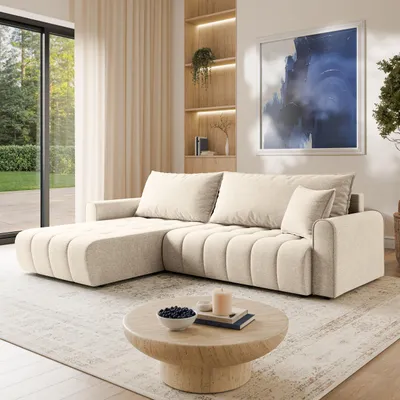 Produktbild von Masseno Ecksofa FRIGA mit Schlaffunktion L-Form, Sofa mit Bettkasten, Wohnzimmersofa, Couch, Soffa, Bettsofa, Couchgarnitur- Creme, ARAGON 02