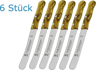 Produktbild von SMI Brötchenmesser 6-tlg Buttermesser Wellenschliff Frühstücksmesser Olivenholz, breite Klinge