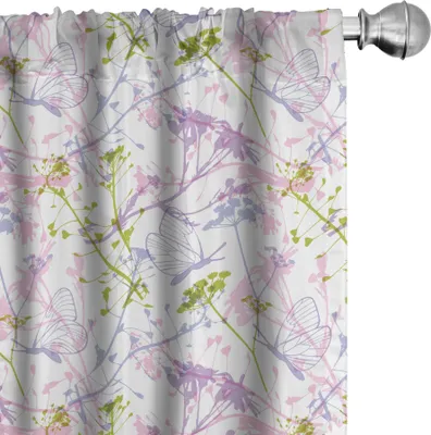 Produktbild von ABAKUHAUS Frühling Vorhänge, Gardinen, Pastellwild Zweige Schmetterlinge Kamille Wiese Kräuter, 2 Stück 75 x 175 cm, Lindgrün Baby Pink