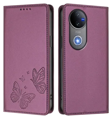 Obrázek produktu pro Kožené pouzdro pro Vivo V50, motýlí ražbou, peněženkové flip pouzdro se stojánkem Fialová