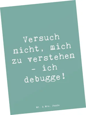 Produktbild von Mr. & Mrs. Panda Postkarte Spruch Softwareentwickler Debugging - Meeresbrise - Geschenk, kunstkarte, Programmierer, Berufsleben, Beruf, Softwareentwicklung, Berufsliebe