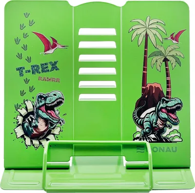 Produktbild von Stojan na knihy DONAU kovový, motív T-REX, zelený