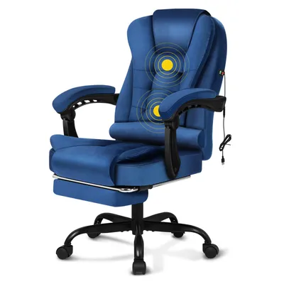 Produktbild von ALFORDSON Ergonomischer Bürostuhl mit Massagefunktion, Fußstütze und 150°-Neigung, Samt-Chefsessel mit SGS-Gasdruckfeder, drehbarer Gaming-Stuhl, BLAU